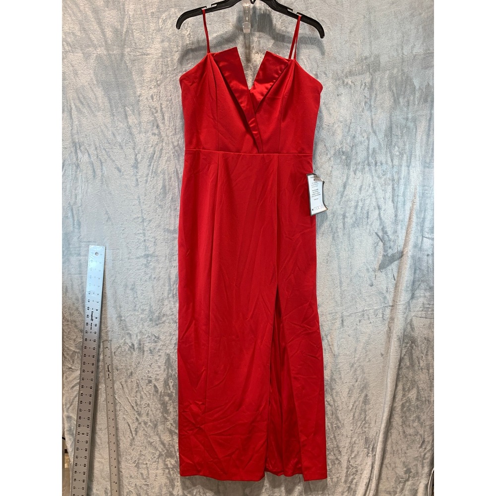 Betsy & Adam Red Notched Neckline Front Slit Maxi Gown Dress Size 14 A24228